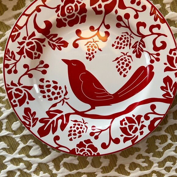 Set Of 4 Pier 1 Bird & Floral Red/White Stoneware Salad Plates Boho Excellent UC - Picture 5 of 7